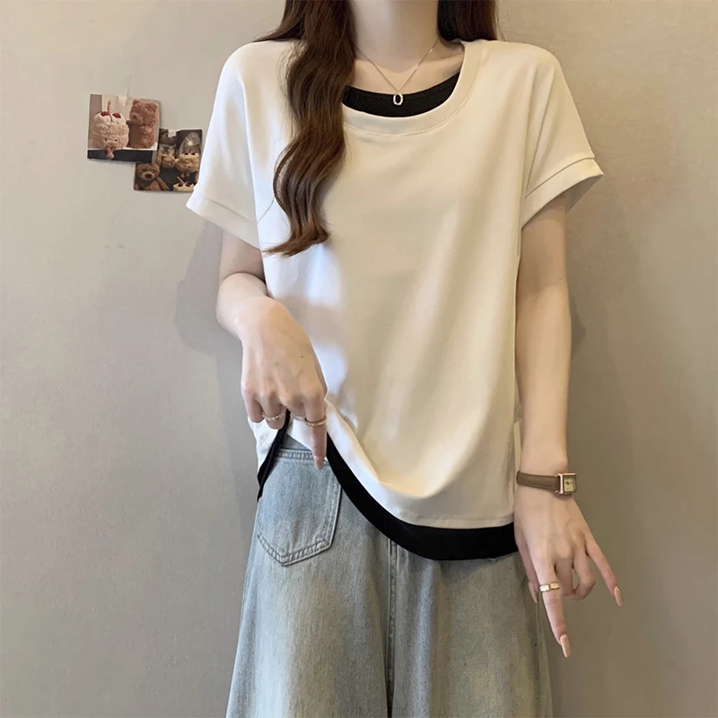 大码藏肉正肩假两件T恤女夏季微胖mm遮肚子显瘦洋气减龄短袖上衣