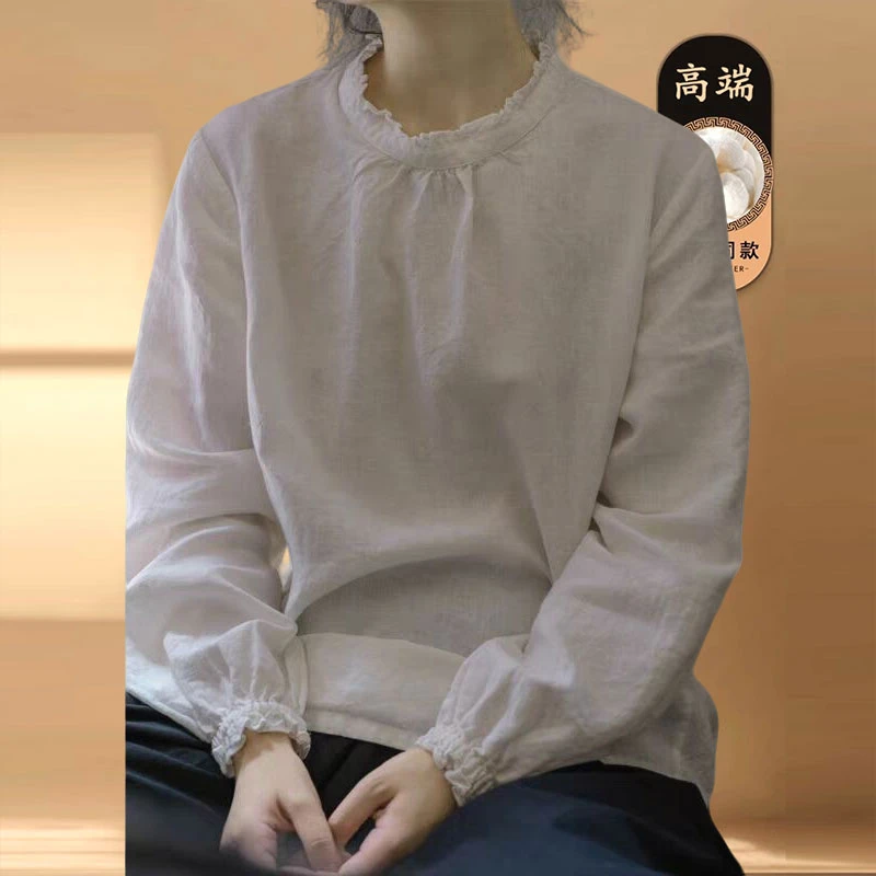 麻后背扣气质长袖上衣秋冬时尚新款复古洋气百搭木耳领文艺白衬衫