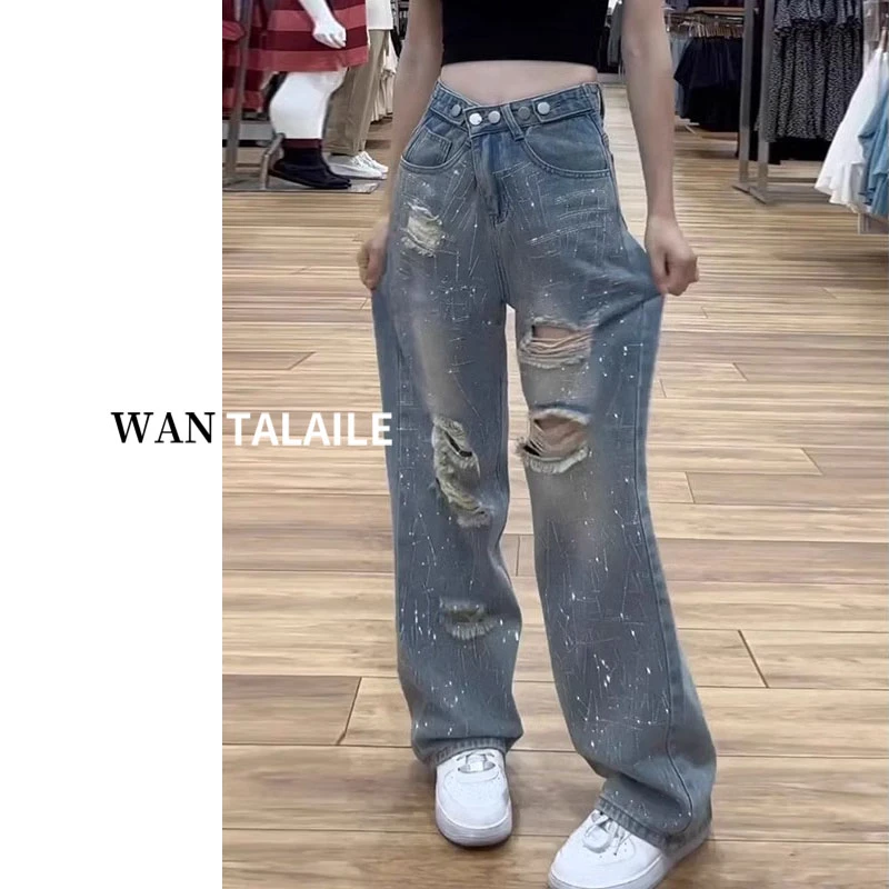 2025夏季爆款破洞闪钻牛仔裤女胖妹妹直筒宽松显瘦美式阔腿直筒裤