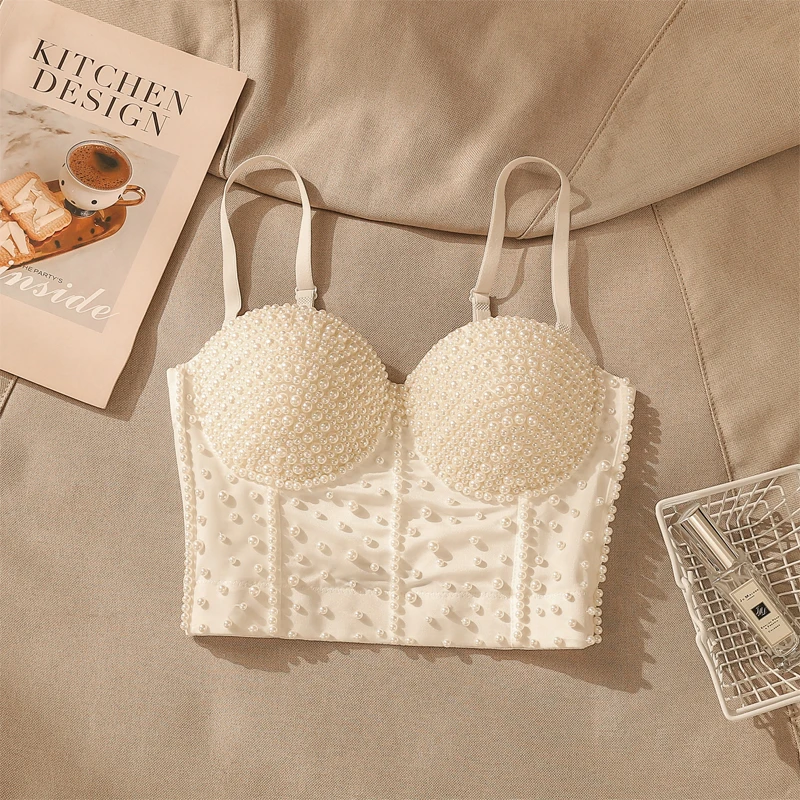 法式珍珠镶钻鱼骨胸衣吊带背心女夏季爆款高级感修身内搭美背上衣