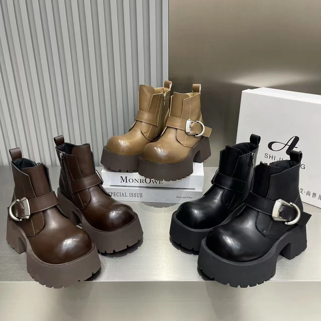 欧货2025新款时尚复古做旧马丁靴圆头套筒厚底松糕小个子短靴女鞋