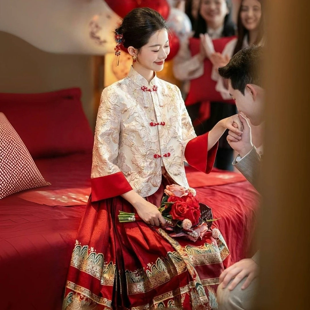 大码胖mm新中式秀禾服婚服立领重工绣花上衣外套马面裙套装200斤