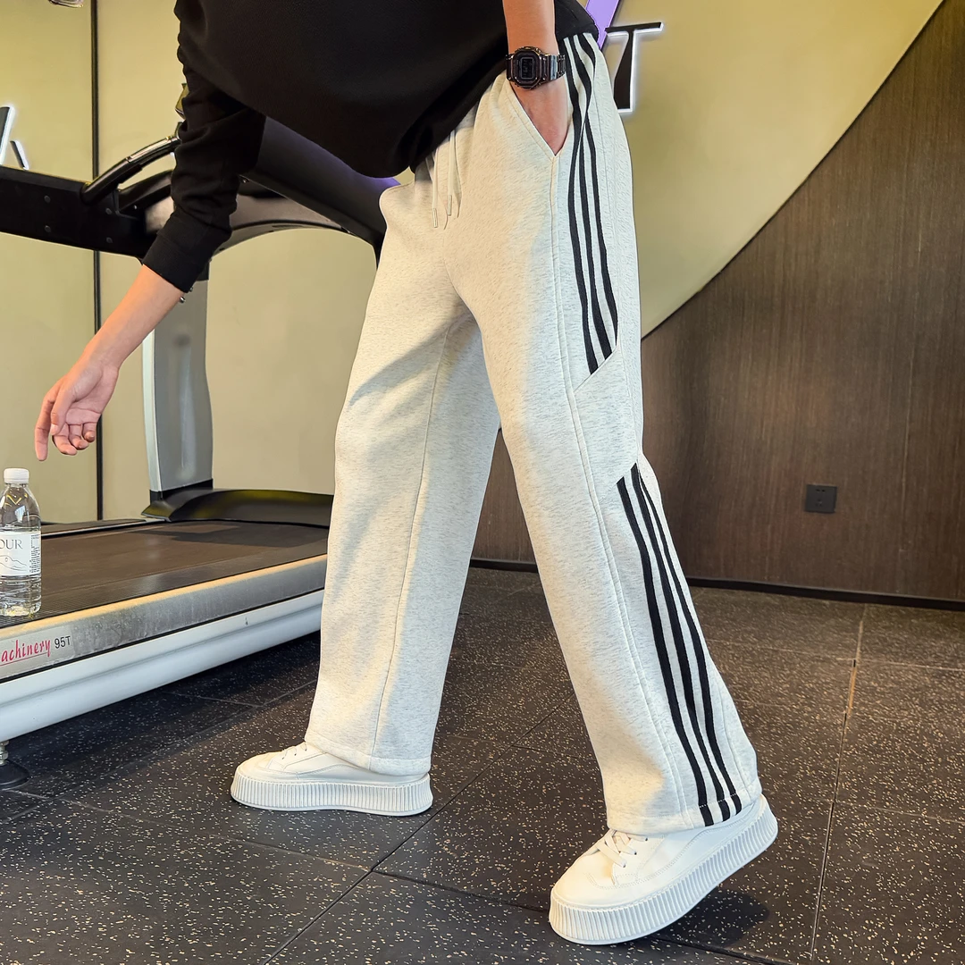 条纹弯刀卫裤男士春秋款直筒宽松阔腿休闲运动男装2025新款长裤子