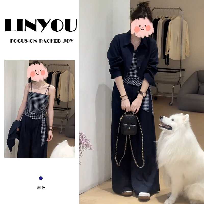 早秋穿搭套装女韩系时尚减龄松弛感短款外套格子吊带阔腿裤三件套