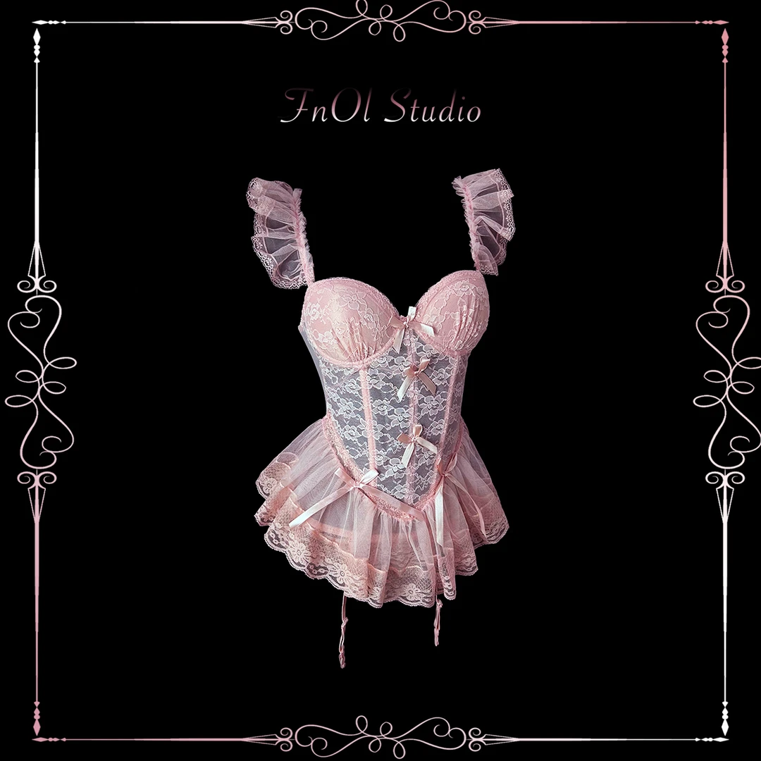 「FnOl Studio」蜜桃甜茶 粉色鱼骨胸衣纯欲吊带睡衣战袍性感内衣女