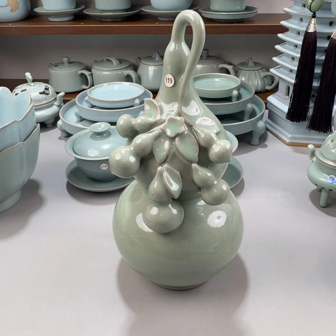 瓷摆件大瑕汝窑豆绿釉小号五子登科编号119