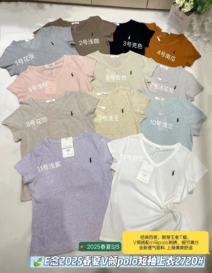 E念2720新款雪花棉小马刺绣V领t恤纯色夏季透气基础白短袖上衣女