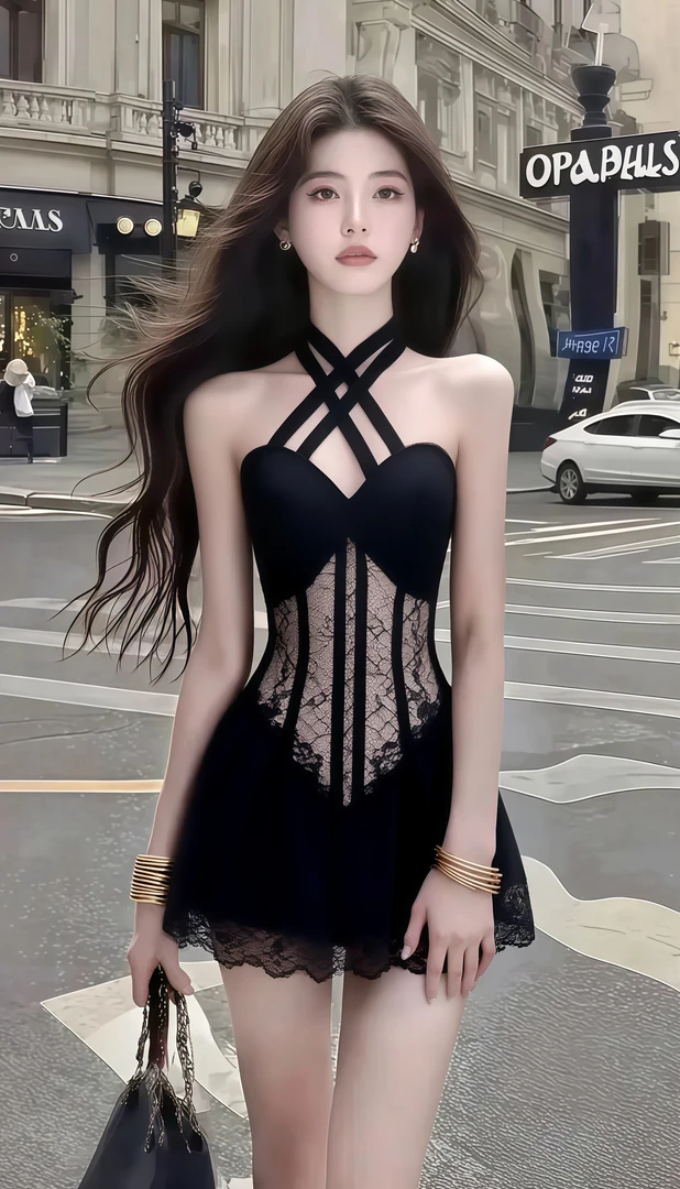 轻奢优雅性感辣妹风黑色修身收腰交叉领蕾丝连衣裙女氛围感裙子