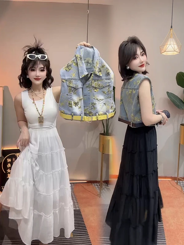 夏季新款时尚气质牛仔马甲+裙子洋气显瘦法式两件套