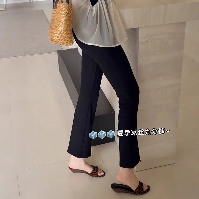 炸街bi备~冰丝微喇休闲裤女夏季薄小个子显瘦弹力开叉九分凉凉裤