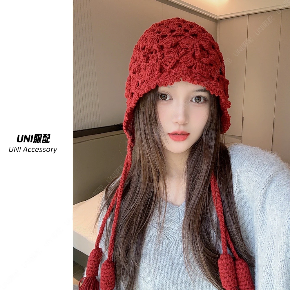 红色新款手工流苏编织毛线帽护耳帽包头麻花辫加绒百搭针织帽新年