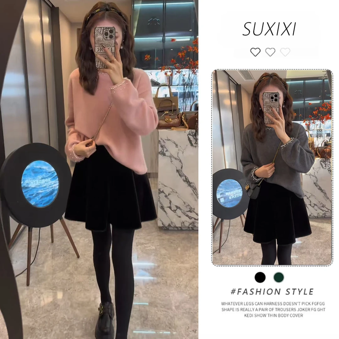 今年流行穿搭一整套女新款2025早秋时尚钉珠毛衣丝绒短裙两件套