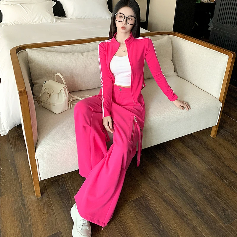 玫红气质显瘦修身运动套装女春季新款网红时髦宽松开衫上衣两件套