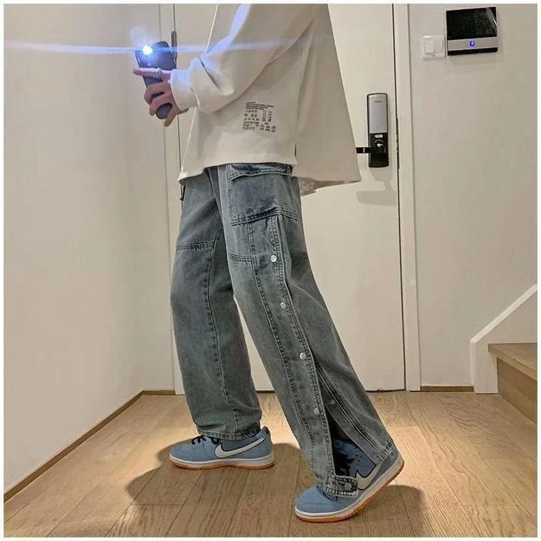 322排扣开叉牛仔裤男宽松直筒潮牌高街老爹长裤子2025年潮