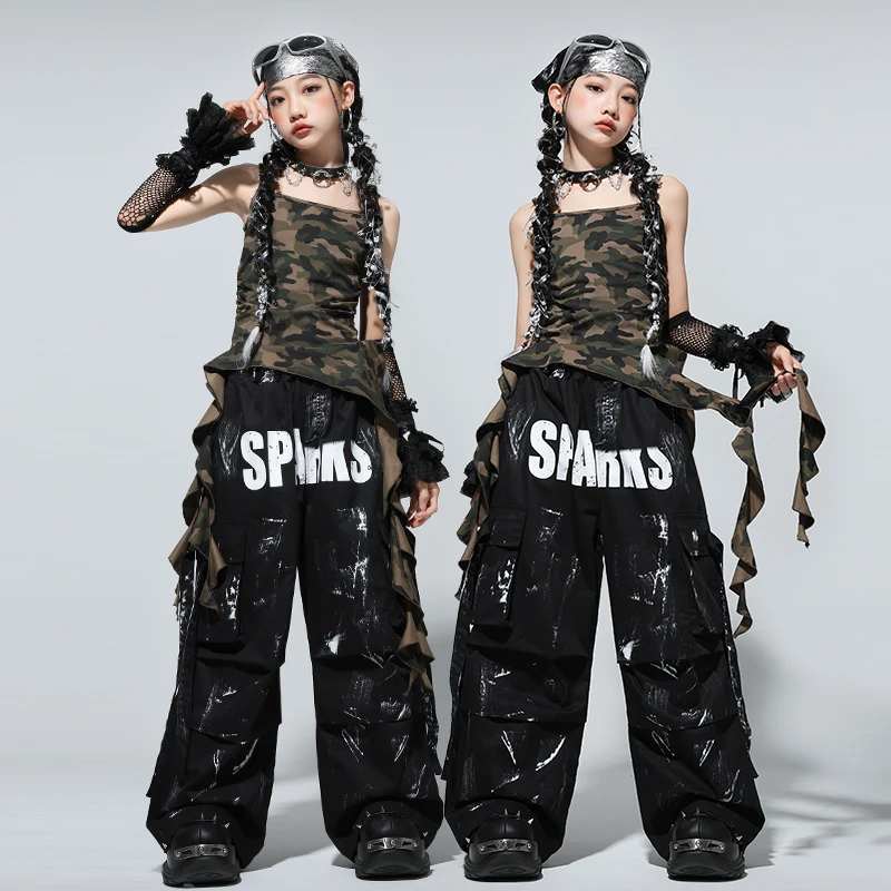 爵士舞女童服装个性儿童迷彩背心套装少儿jazz潮牌出潮服女孩