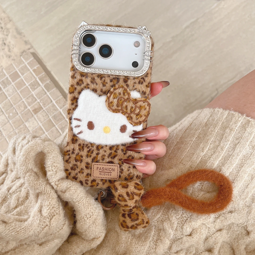 苹果|毛绒豹纹KT猫ins高级感钻框适用iPhone17秋冬蝴蝶结16手机壳