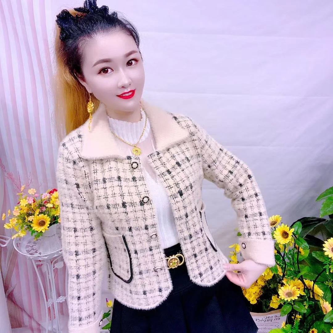 名媛洋气针织小香风格子法式长袖女装毛针织衫方领