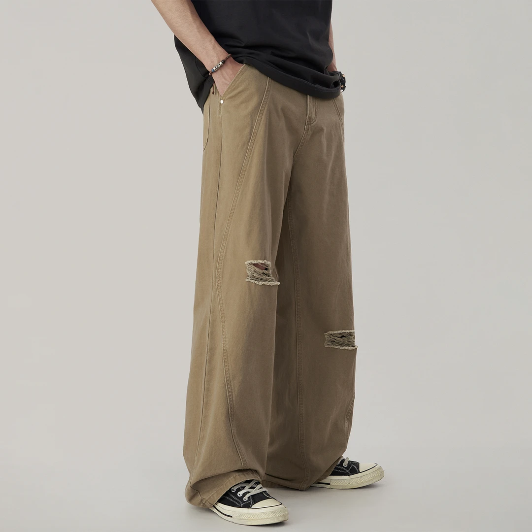 夏季新款美式高街阔腿裤卡其色纯棉休闲裤男宽松直筒破洞裤子男生