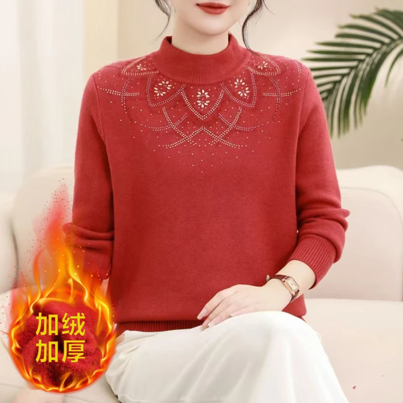 妈妈冬装加厚一体绒毛衣2025新款中老年女装奶奶款秋冬保暖打底衫