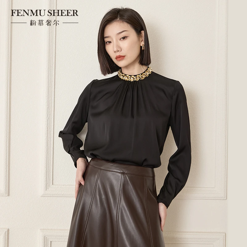 【名雅专属】粉慕奢尔『智简美人』轻奢钉钻重磅桑蚕丝气质衬衫-G2055