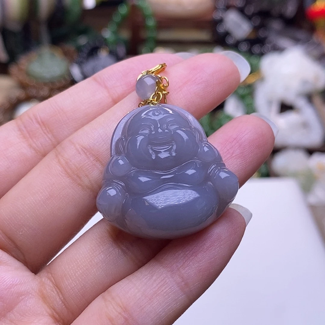 和田玉未镶嵌颈饰毕业级老坑料冰烟紫银佛公吊坠