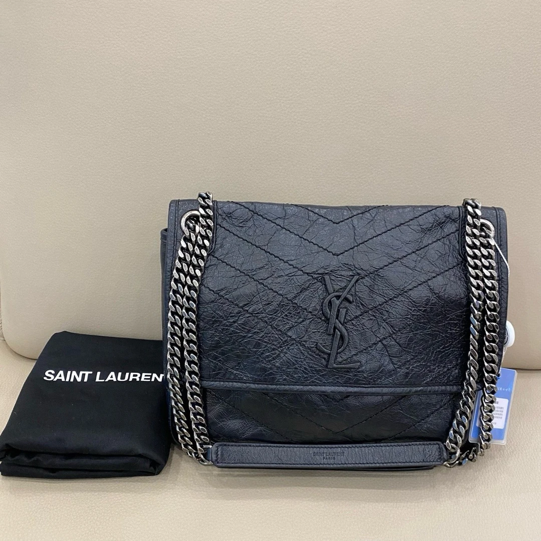 95新 YSL/圣罗兰  Niki中号 黑银油蜡牛皮