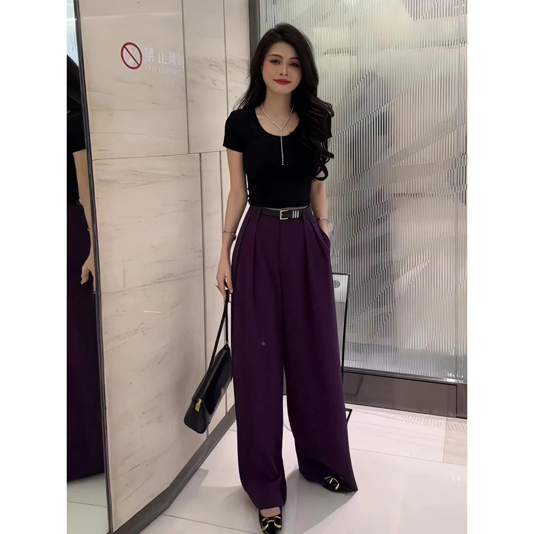 夏季新款时尚垂感直筒西装裤女气质简约高腰显瘦百搭休闲阔腿长裤