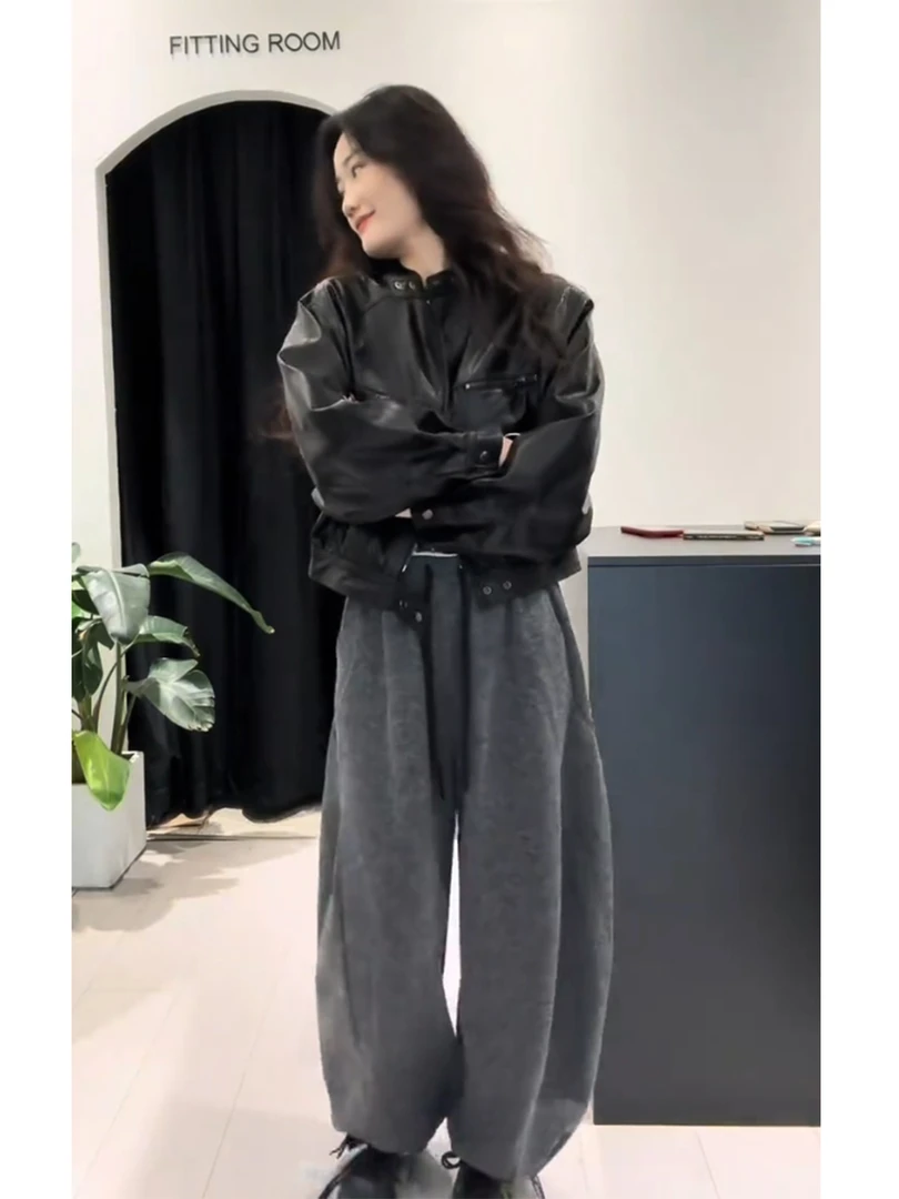 韩版气质立领辣妹酷飒皮衣外套灰色休闲裤套装女装2025秋冬新款女