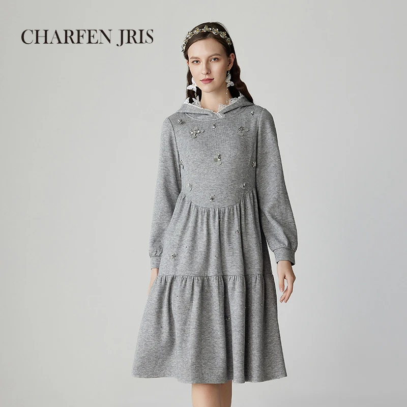 CHARFEN朝峰春季新款钉珠层塔长袖连帽连衣裙FJF1A699-6021G