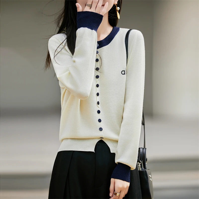 静奢拼色洋气针织开衫女法式春秋新款圆领长袖毛衣外套打底百搭上