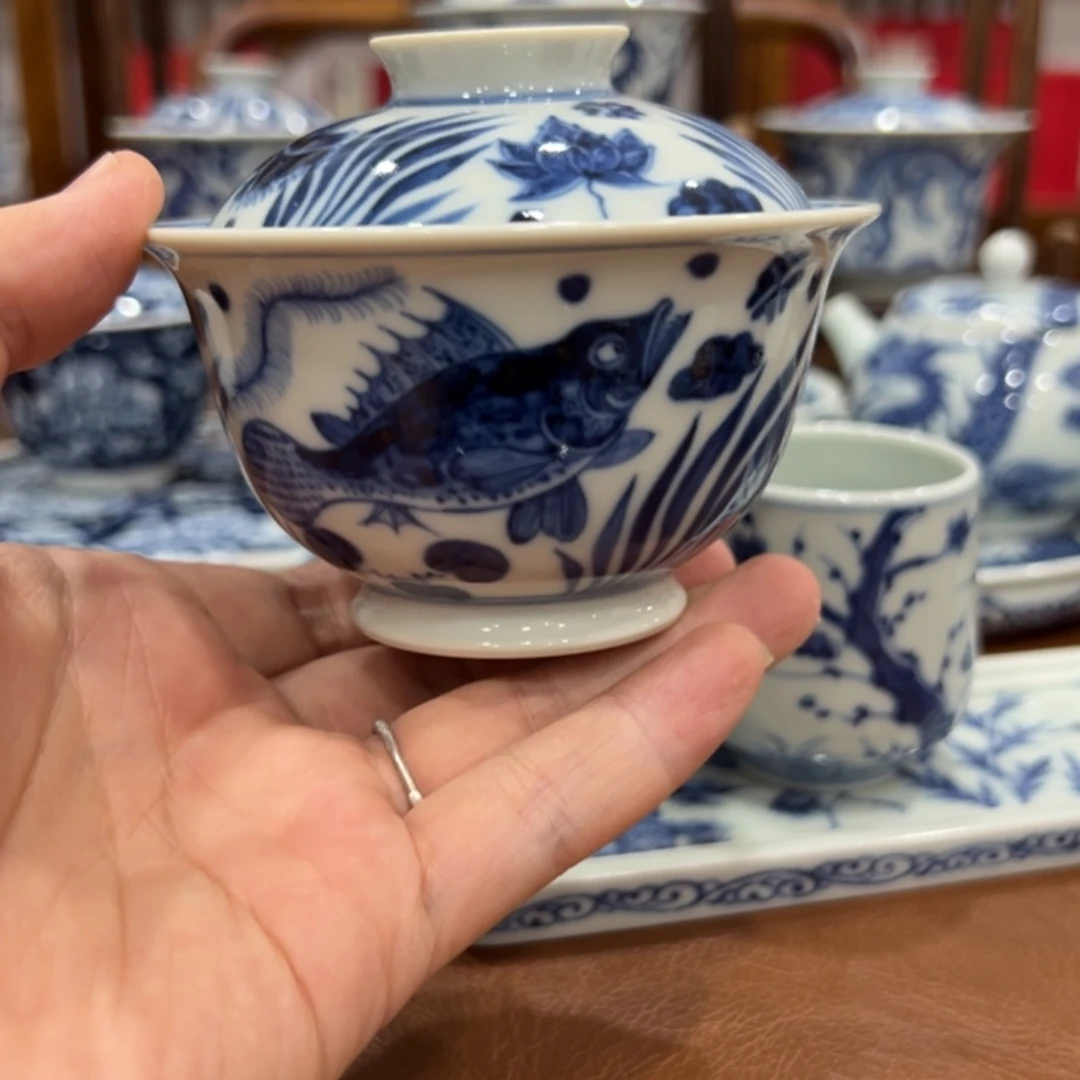 钟***询手绘青花鱼藻纹柴烧盖碗微瑕