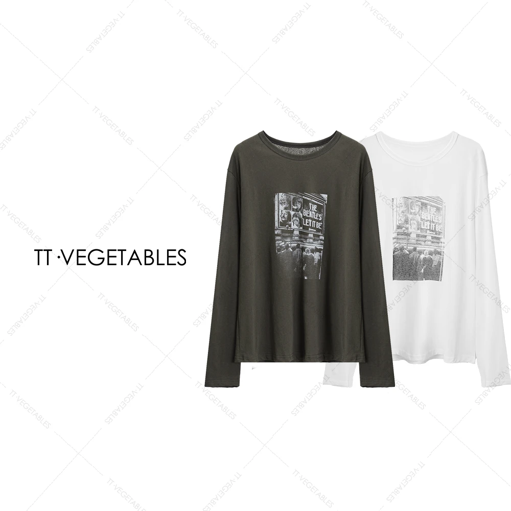 TT・VEGETABLES【序白】既白 棉涤混纺长袖T恤圆领印花上衣521288