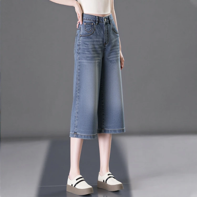 夏季薄款高腰宽松2025新款小个子八分裤百搭七分中裤牛仔阔腿裤女