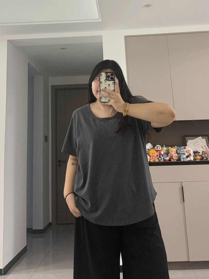 大码大领口U领纯棉正肩短袖宽松慵懒感显瘦基础纯色短袖大码短袖