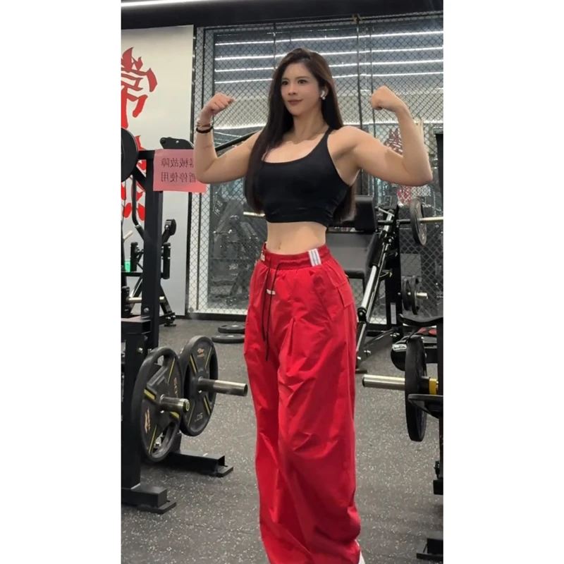 男女同款冲孔透气户外运动裤撞色拼接薄款宽松弯刀裤休闲裤P6806