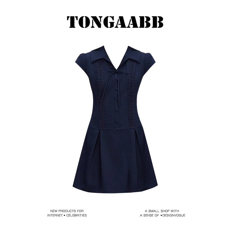 TONGAABB藏青色少女盖袖连衣裙短裙女2025夏季收腰绑带蝴蝶结