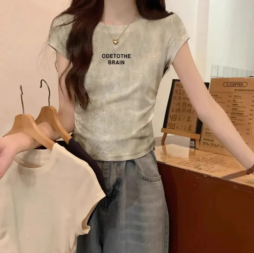 纯欲风扎染褶皱设计感短款短袖t恤女2025年夏季新款独特别致上衣