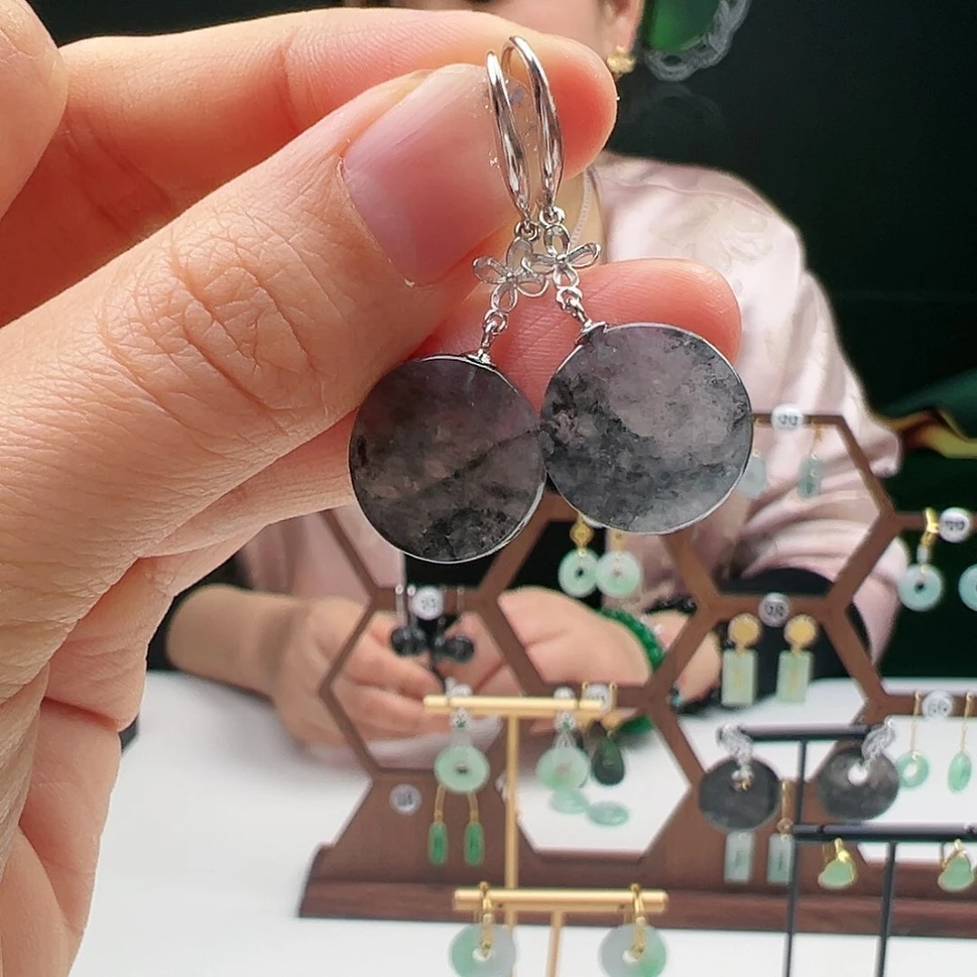 翡翠耳饰银S925镶嵌天然翡翠