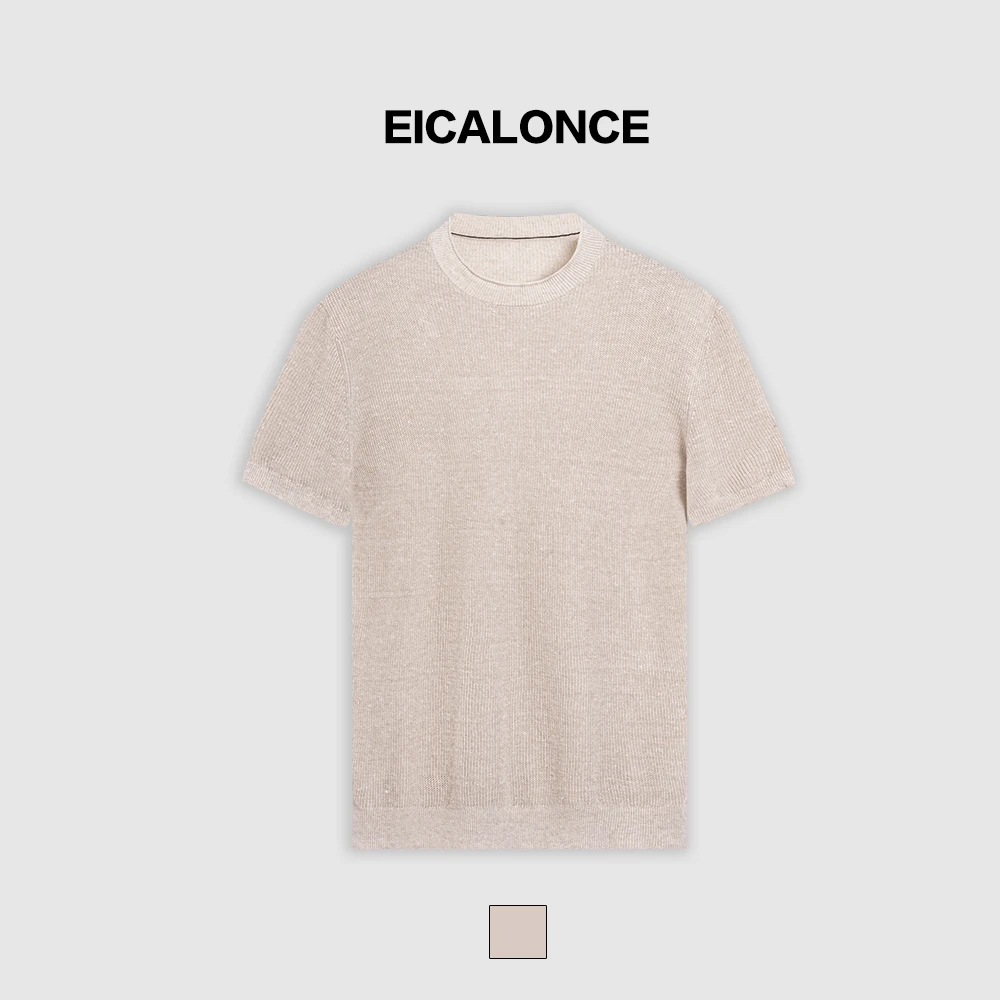 意卡伦萨  男士夏季100%亚麻轻薄透气百搭圆领针织短袖T恤SM80136