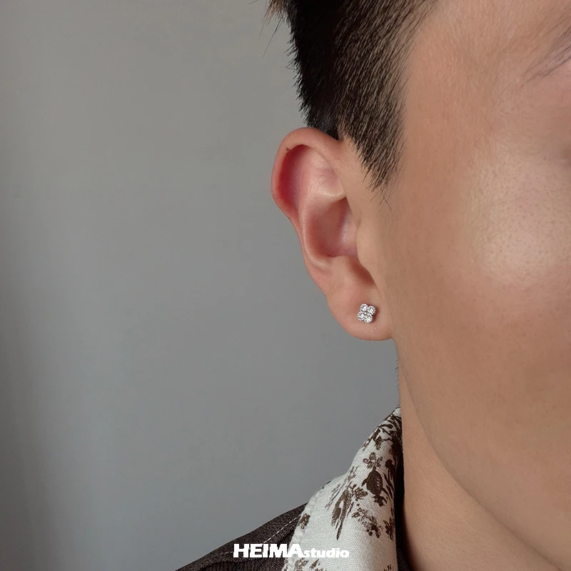 925银耳饰 超闪莫桑钻四叶草通体纯银耳钉男女小众设计高级感痞帅