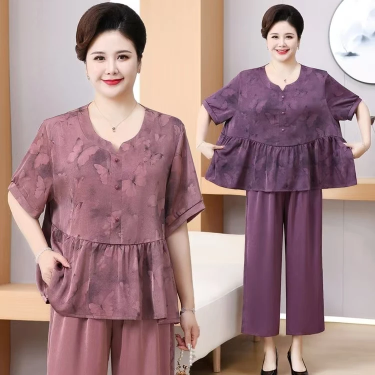 荣姐大码妈妈装【978-夏季新款洋气显瘦宽松时尚两件套上衣+裤子】