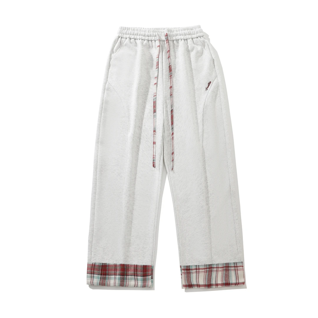 格子拼接裤子春夏季潮牌美式字母刺绣阔腿裤复古垂感直筒休闲长裤