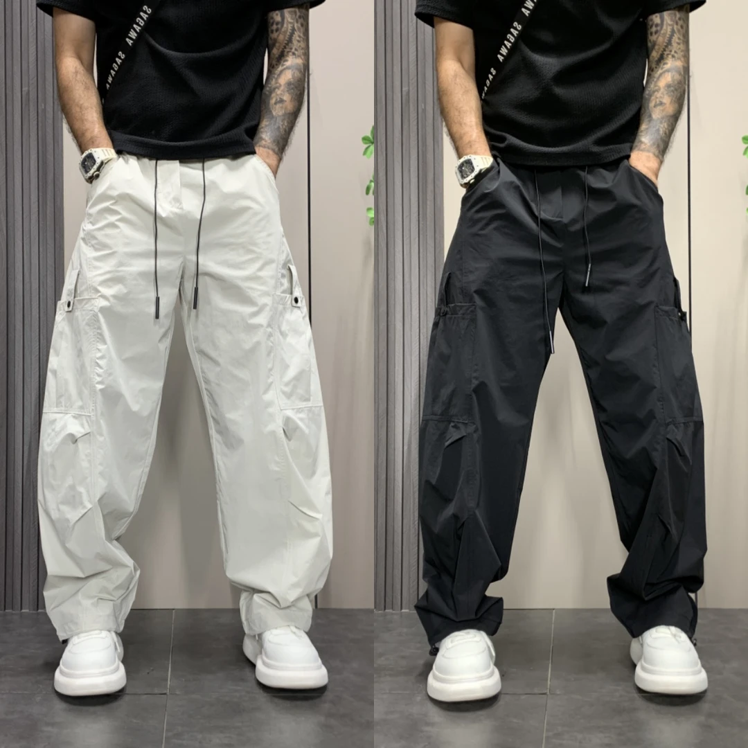 夏季直筒裤速干工装裤阔腿大口袋休闲裤百搭抽绳运动英伦风休闲裤