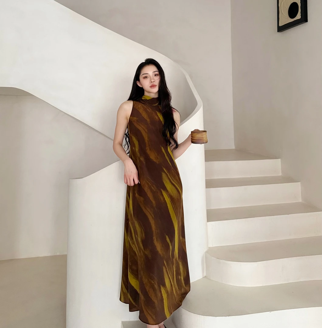 euri100桑蚕丝丨真丝双绉文艺风晕染飘带A字连衣裙-MY5738
