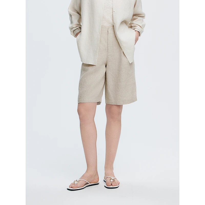 初棉【亚麻五分裤】粗支亚麻短裤休闲裤直筒百搭阔腿363624002