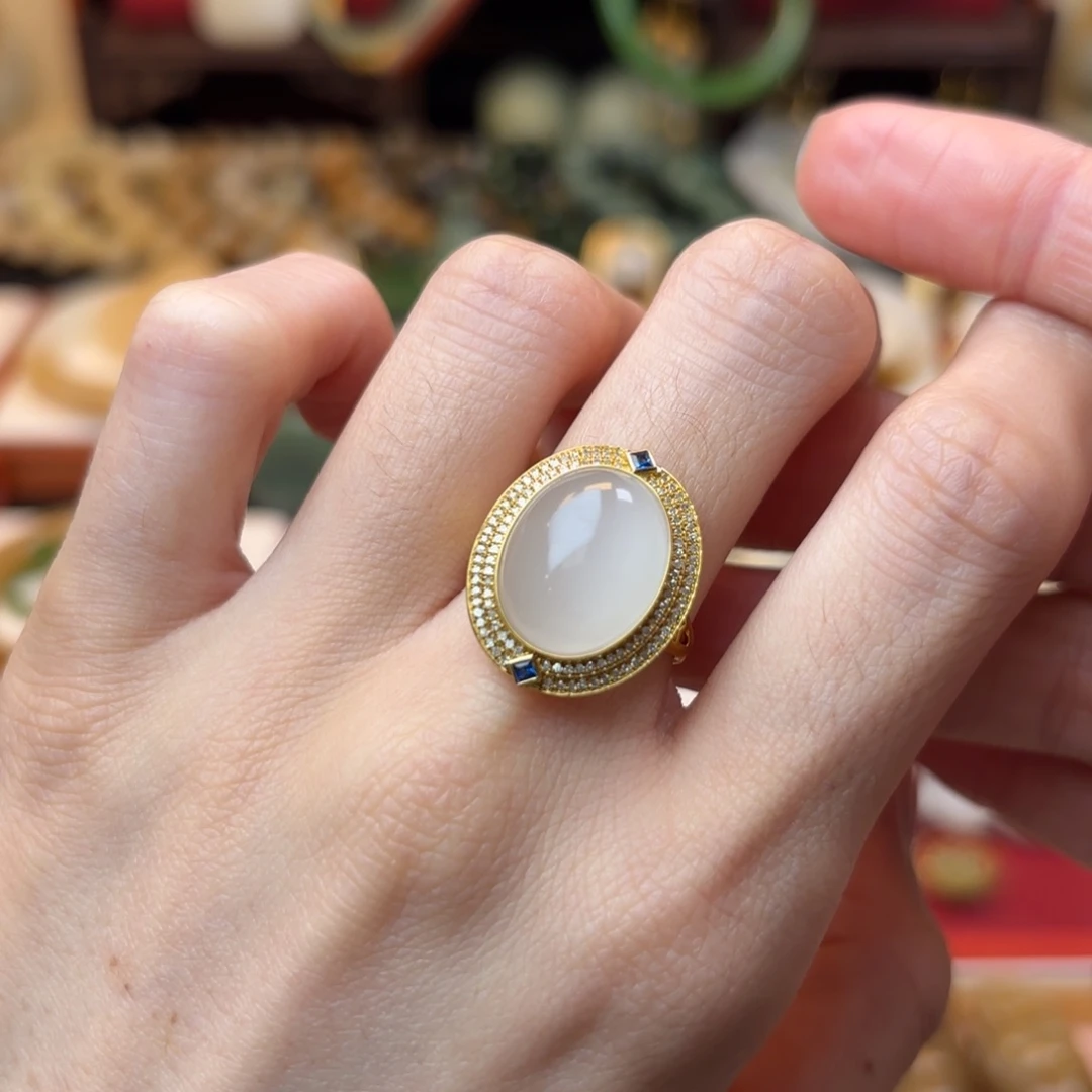 和田玉戒指18K金镶嵌妮*微瑕福利