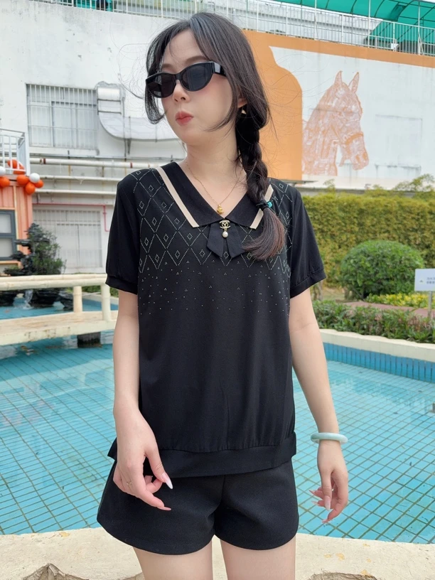 不规则领短袖小衫纯色烫钻气质显瘦时尚减龄洋气上衣大码百搭