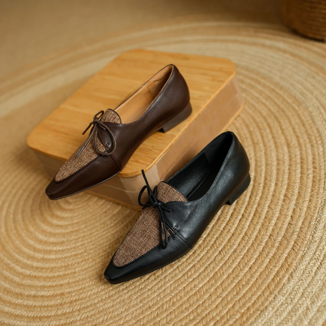 [跟高2cm]真皮英伦复古系带拼接平底小皮鞋女2025新款平底乐福鞋