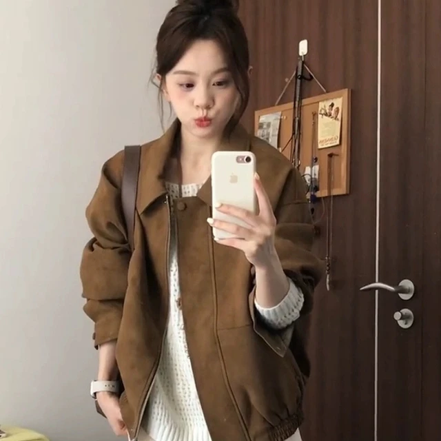 美拉德覆古麂皮绒外套女秋季2025新款高级感小个子宽松休闲夹克潮