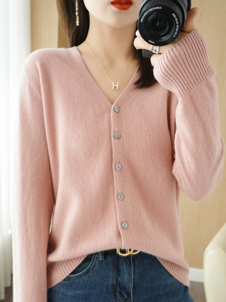V领衫毛针织衫纯色针织显瘦长袖v领针织上衣开衫纯色百搭潮流